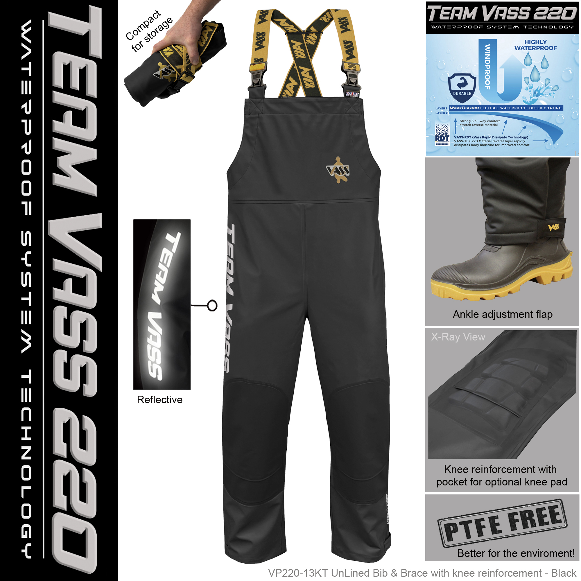 Team Vass 220 Unlined Bib & Brace - Waterproof - Black Edition